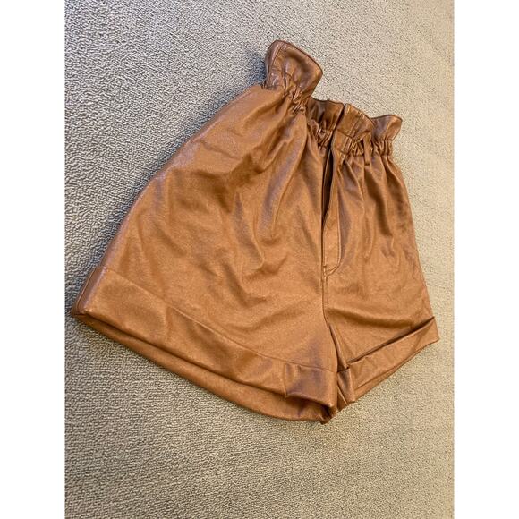 Ronny Kobo Women Large Brown Faux Leather Paperbag Shorts - Picture 11 of 13